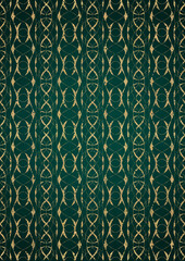 Hand-drawn unique abstract gold ornament on a dark green cold background, with vignette of darker background color. Paper texture. Digital artwork, A4. (pattern: p10-3f)
