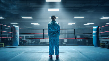 a man in a blue suit stands in a boxing ring