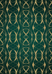 Hand-drawn unique abstract gold ornament on a dark green cold background, with vignette of darker background color. Paper texture. Digital artwork, A4. (pattern: p10-4e)