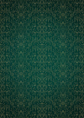 Hand-drawn unique abstract gold ornament on a dark green cold background, with vignette of darker background color. Paper texture. Digital artwork, A4. (pattern: p11-1e)