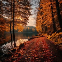 Fototapeta na wymiar Pond reflecting autumnal trees