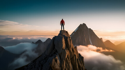 Silhouette of a man on top of a mountain peak. - obrazy, fototapety, plakaty