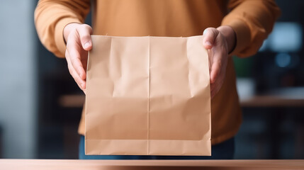 Closeup of paper bag with ready to eat food in hands of courier. Package template for takeaway food, fast food delivery and restaurant meals. 