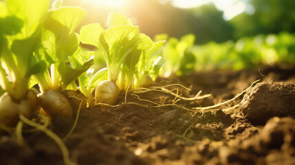 Obraz premium Close-up of vegetables growing in the garden. The concept of agriculture, farming and growing natural organic produce. 