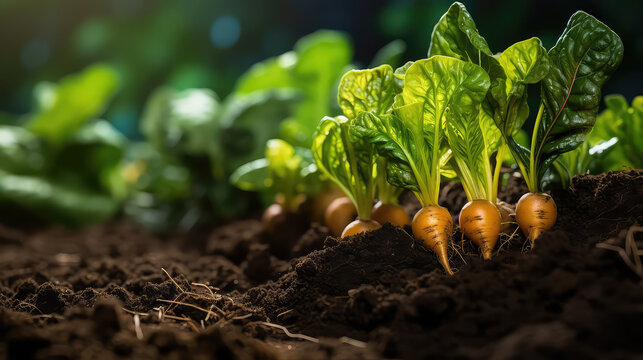 Close-up of vegetables growing in the garden. The concept of agriculture, farming and growing natural organic produce. 
