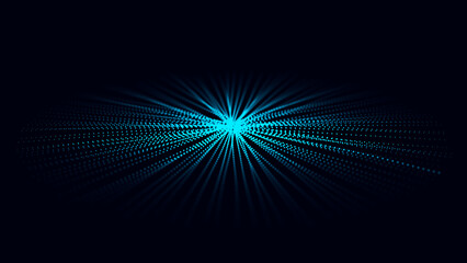 Digital circle plane with explosive texture. Beam wave with points and particles on the dark background. Vibration and sound. 3D rendering.