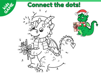 Dragon with a gift in paws. Dot to dot game for children. Connect the dots by numbers and draw a cartoon dragon in Christmas red santa claus hat. Vector puzzle for kids with symbol of the New Year.