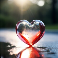 Glass heart on wet road, with reflection in asphalt. Sun shining from behind. Valentine's Day love theme.