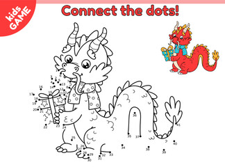 Christmas dragon in scarf. Dot to dot game for children. Connect the dots by numbers and draw a cartoon holiday dragon with a gift in paws. Vector puzzle for kids with symbol of the New Year.