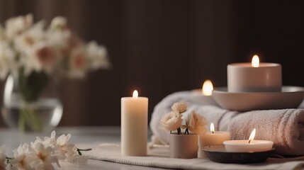 Fototapeta na wymiar Spa salon. Spa supplies, burning candle and flower on table in beauty salon