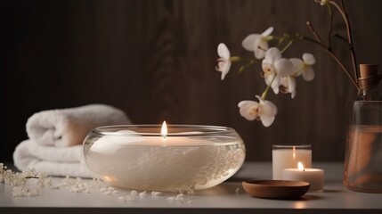 Fototapeta na wymiar Spa salon. Spa supplies, burning candle and flower on table in beauty salon