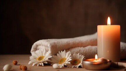 Spa salon. Spa supplies, burning candle and flower on table in beauty salon