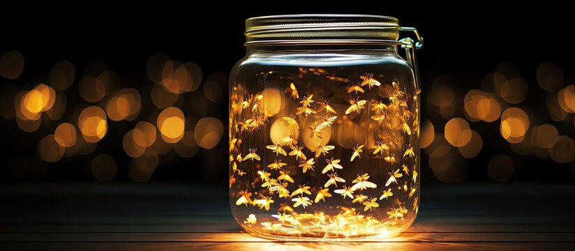 Glowing insects in a container With copyspace for text