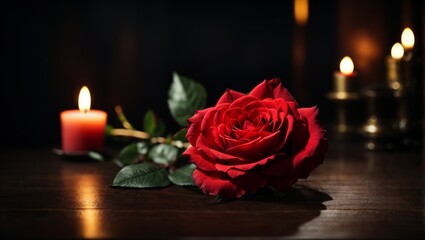Fototapeta na wymiar Romantic scene of roses and candles on a dark background