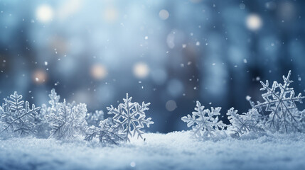 Fototapeta na wymiar Festive Winter Wonderland, Snowflakes and Bokeh Lights Illuminate Christmas Background