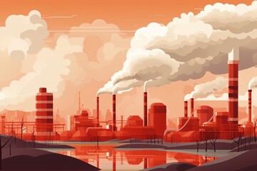 A graphic poster of a factory polluting the world by releasing smoke in the air, in anime cartoon style