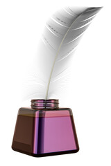 Ink bottle with feather, 3D rendering isolated on transparent background