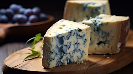Blue gorgonzola cheese on rustic wooden background
