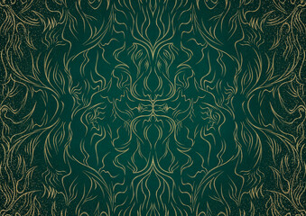 Hand-drawn unique abstract gold ornament on a dark green cold background, with vignette of darker background color and splatters of golden glitter. Paper texture. A4. (pattern: p11-1a)