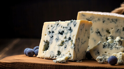 Blue gorgonzola cheese on rustic wooden background - obrazy, fototapety, plakaty