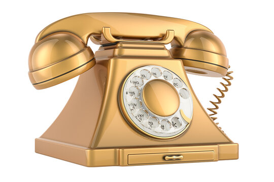 Golden vintage phone, 3D rendering isolated on transparent background