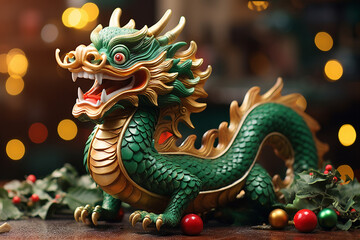 Golden Dragon Dance, Traditional Chinese New Year Symbol on Festive Bokeh background