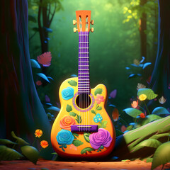 Acoustic guitar in a forest with green flowers, in the style of colorful fantasy realism