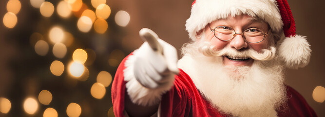 Santa Claus portrait in red outfit and Santa hat. Father Christmas on a backdrop of Christmas lights.