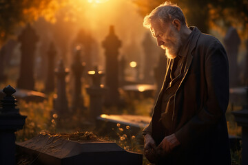 Sad senior man grieving the loss of his loved one on a cemetery on autumn evening. Depressed elderly man by the headstone of his wife in graveyard. All Saints Day.