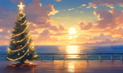 Linda ilustração digital de grande árvore de natal enfeitada e super iluminada na beira da praia Brasileira. Arte comemorando o natal no litoral do brasil. Desenho dos festejos natalinos tropical.
