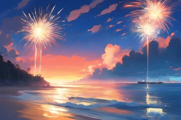 Linda ilustração digital de fogos de artificio na beira da praia Brasileira. Arte da comemoração de ano novo no litoral do brasil. estouro de fogos de ano novo na areia do mar.