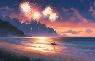 Linda ilustração digital de fogos de artificio na beira da praia Brasileira. Arte da comemoração de ano novo no litoral do brasil. estouro de fogos de ano novo na areia do mar.