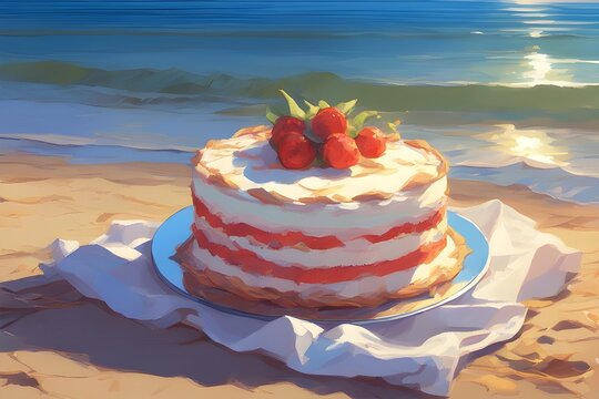 Linda ilustração digital de bolo de aniversário na beira da praia Brasileira. Arte comemorando o aniversário no litoral do brasil. Desenho de bolo festivo na praia tropical no por do sol.