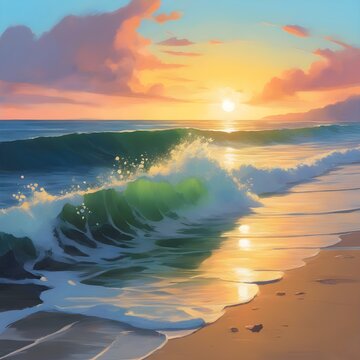 paisagem do litoral brasileiro e um lindo pôr do sol com belas ondas. nascer do sol em incríveis férias na praia. Desenho de ondas nas praias do Brasil.