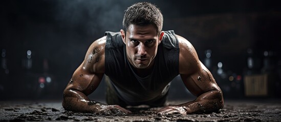 Fototapeta na wymiar Strong man doing push ups near weights during intense workout in dirty gym With copyspace for text