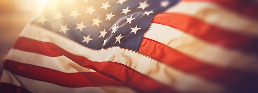 Flag of United States of America waving in the breeze against a sunset sky. Banner with US flag.