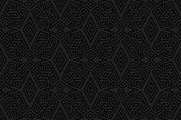 Embossed black background, tribal cover design. Ethnic geometric 3D Greek pattern, meander. Unique texture. Vintage abstract themes of the East, Asia, India, Mexico, Aztec, Peru.