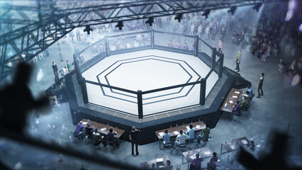 MMA octagon. View from above. Fighting championship. 3D. Battle night. Sports arena with referees, fans and shining spotlights. Night in the MMA cage. Full grandstand © Ruslan Shevchenko