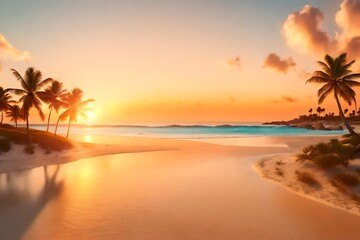 Fototapeta na wymiar A photorealistic 3D rendering of a panoramic beach landscape at sunset.