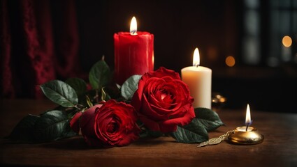 Fototapeta na wymiar Romantic scene of roses and candles on a dark background