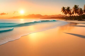 Fototapeta na wymiar A photorealistic 3D rendering of a panoramic beach landscape at sunset.
