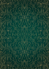 Hand-drawn unique abstract gold ornament on a dark green cold background, with vignette of darker background color and splatters of golden glitter. Paper texture.  A4. (pattern: p11-1d)