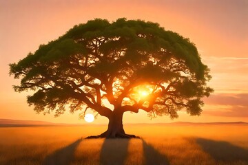 A photorealistic 3D rendering of a lonely green oak tree in a field at sunset. 