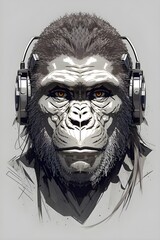 portrait of a orangutan with headphones