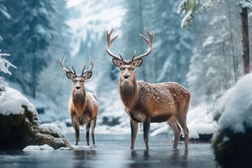 two deer standing in the snow on the lake covered landscape, in the style of mysterious backdrops