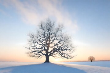 Fototapeta na wymiar A photorealistic 3D rendering of a winter tree standing alone in a field at dawn, similar to the reference image. 