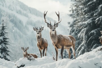 two deer standing in the snow on mointains covered landscape, in the style of mysterious backdrops