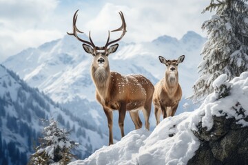 two deer standing in the snow on mointains covered landscape, in the style of mysterious backdrops