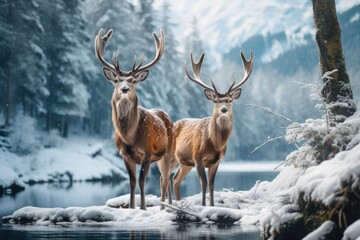 two deer standing in the snow on the lake covered landscape, in the style of mysterious backdrops - Powered by Adobe