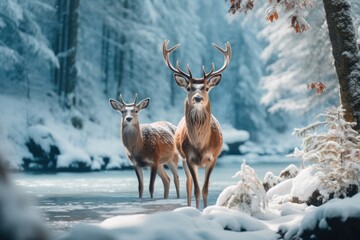 two deer standing in the snow on the lake covered landscape, in the style of mysterious backdrops